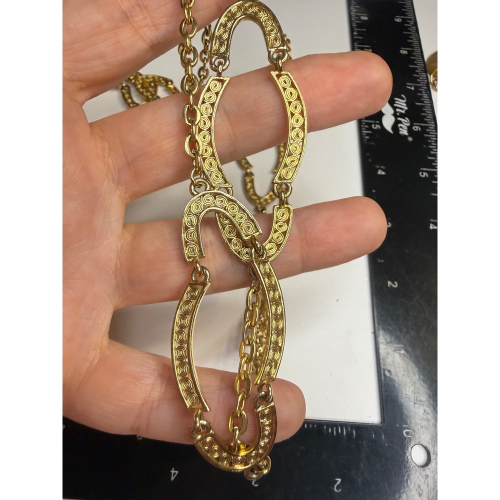 Gold Tone Long Filigree Scroll Station Chain Necklace Double Row 36 Inch